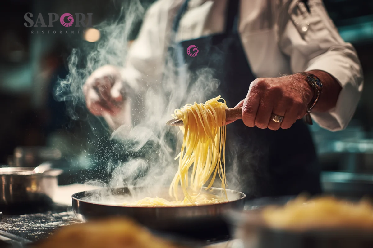 Chef preparing fresh Italian pasta at Sapori Ristorante in Montclair, creating a warm winter dining experience.