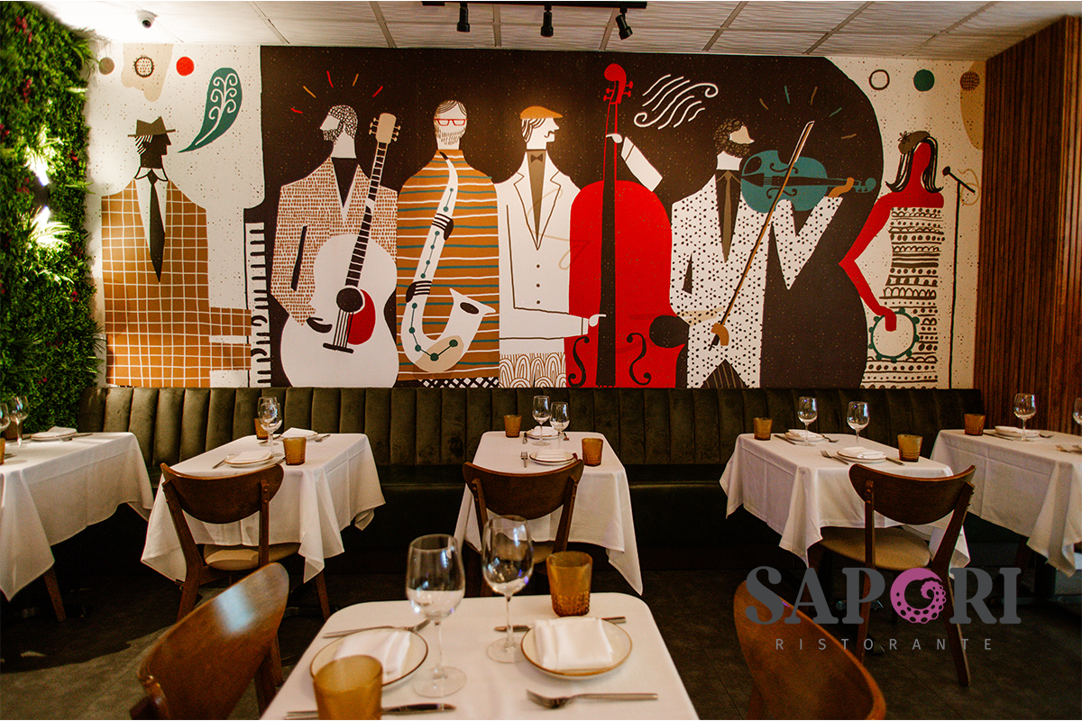 Fine dining Italian restaurant interior in New Jersey with elegant table setting and warm atmosphere